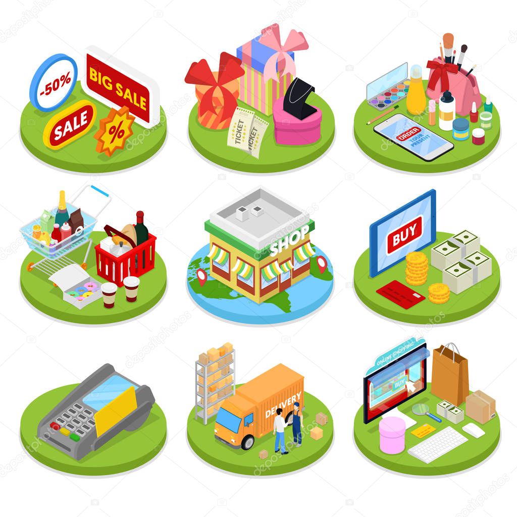 Isometric Online Shopping Concept. Mobile Payment. Internet Store. Electronic Business. Vector flat 3d illustration