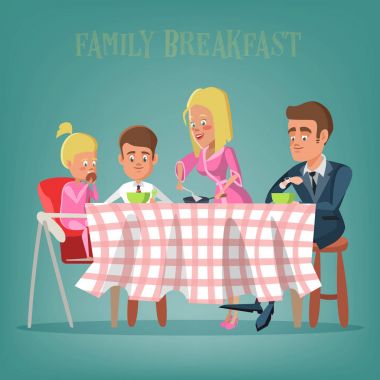 Mutlu bir aile mutfakta kahvaltı. Anne, baba, oğlu ve kızı masada yemek. Vektör çizim