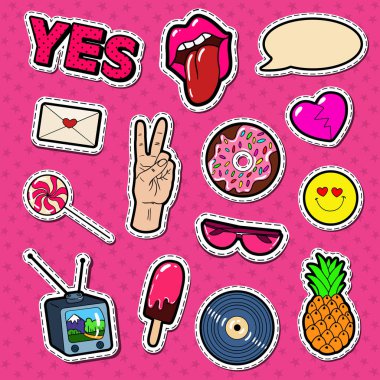 Etiketleri ve rozetleri dudaklar, eller ve komik konuşma balonu moda. Teen Style Doodle. Vektör çizim