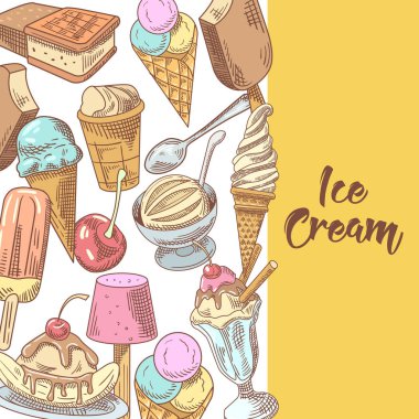Dondurma ve tatlılar meyve ve çikolata ile çizilmiş menü ver. Dondurma ve waffle. Vektör çizim