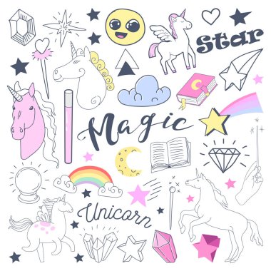 Serbest çizim çocuklar sihirli Unicorn ve Rainbow ile Doodle. Elle çizilmiş Fairytale öğeleri ayarlayın. Vektör çizim