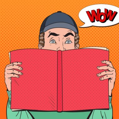 Pop Sanat kitap tutan adam hayran. Eğitim kavramı. Vektör çizim
