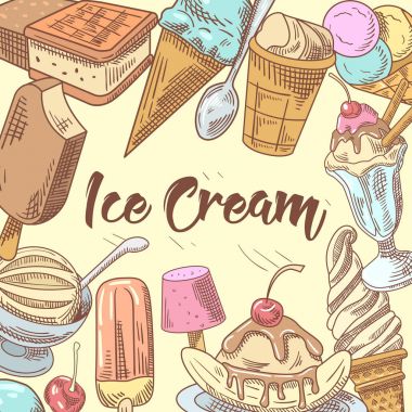 Meyve ve çikolata ile dondurma el çizilmiş Doodle. Dondurma ve waffle. Vektör çizim