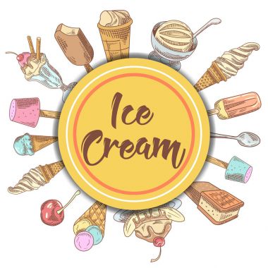 Dondurma ve meyve ve çikolata tatlılar elle çizilmiş arka plan. Dondurma ve waffle. Vektör çizim