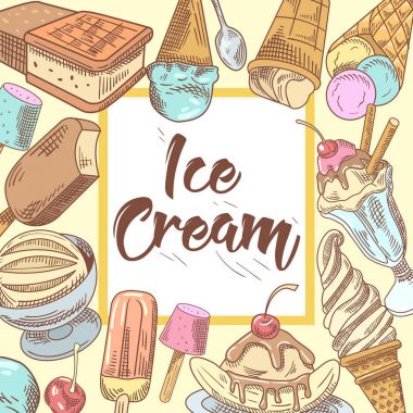 Soğuk tatlılar, meyve ve çikolata, dondurma ve waffle ile dondurma elle çizilmiş tasarım. Vektör çizim