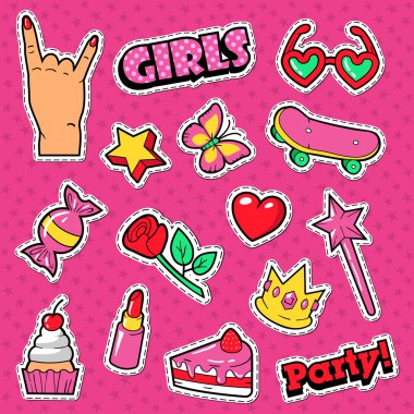 Kızlar Trendy Doodle ruj, pasta ve kaykay ile. Kadın moda çıkartmalar, rozetleri ve düzeltme ekleri. Vektör çizim