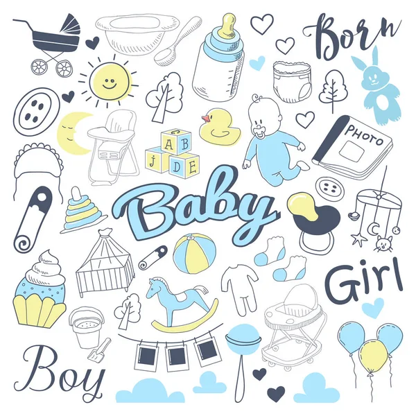 赤ん坊シャワー、フリーハンドの落書き。男の子と女の子と新生児の手描きの要素を設定します。ベクトル図 — ストックベクタ