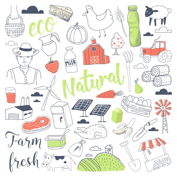 Farming Doodle a mano libera con prodotti lattiero-caseari naturali. Farm Hand Drawn Elements Set. Illustrazione vettoriale — Vettoriale Stock