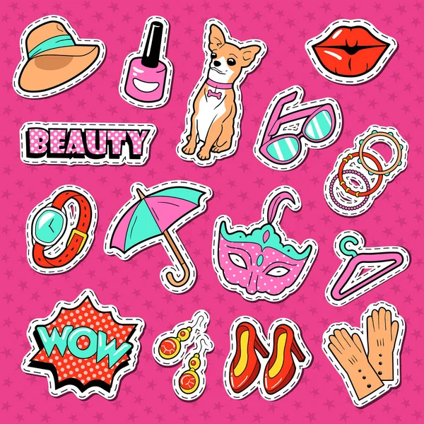 Femme Mode Vêtements et accessoires Doodle. Stickers Beauté Féminine, Badges et Patchs. Illustration vectorielle — Image vectorielle