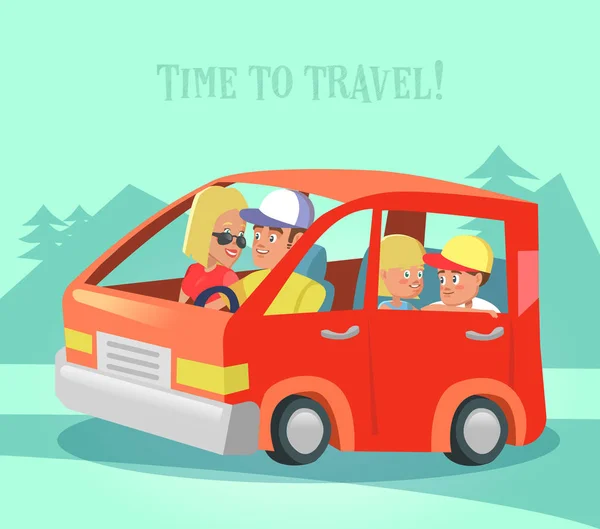 Boldog család autóval utazik. Utazási idő. Nyári vakáció. Vektoros illusztráció — Stock Vector