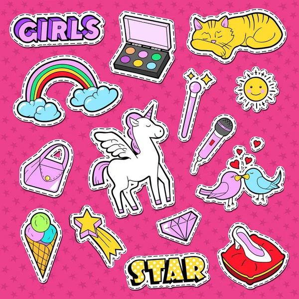 Flickaktiga Doodle med regnbåge och Unicorn. Tonåringen stil klistermärken, märken och fläckar. Vektorillustration — Stock vektor