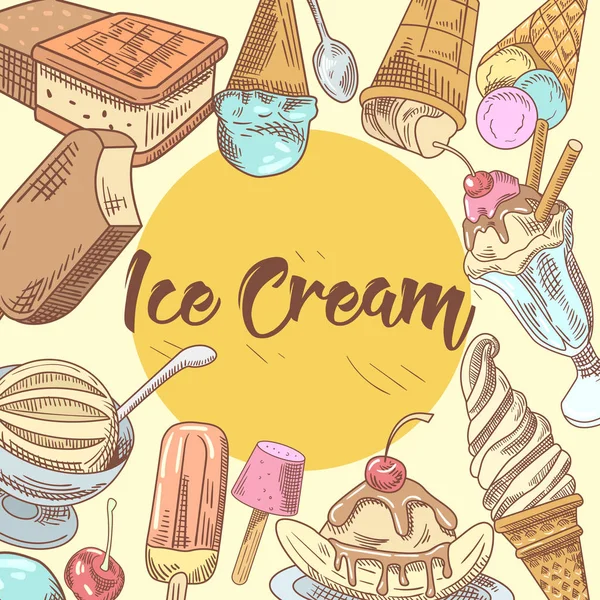 Diseño de menú dibujado a mano de helado con postres fríos, frutas y chocolate, conos y gofres. Ilustración vectorial — Archivo Imágenes Vectoriales