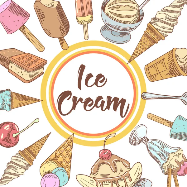Dondurma ve meyve ve çikolata ile soğuk tatlılar elle çizilmiş menü tasarımı. Dondurma ve waffle. Vektör çizim