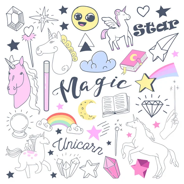 Szabadkézi gyerekek mágikus Doodle, egyszarvú és a szivárvány. Kézzel rajzolt mese elemek beállítása. Vektoros illusztráció — Stock Vector
