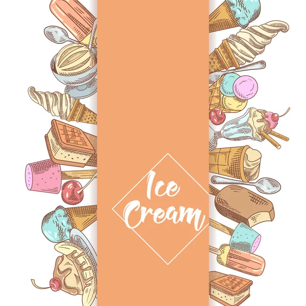 Plantilla de menú dibujado a mano de helado y postres con frutas y chocolate. Conos y gofres. Ilustración vectorial — Vector de stock