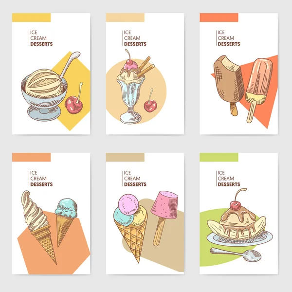 Zmrzlina a studené dezerty ručně kreslenou karty brožuru Menu s ovocem a čokoládou, šišky a vafle. Vektorové ilustrace — Stockový vektor