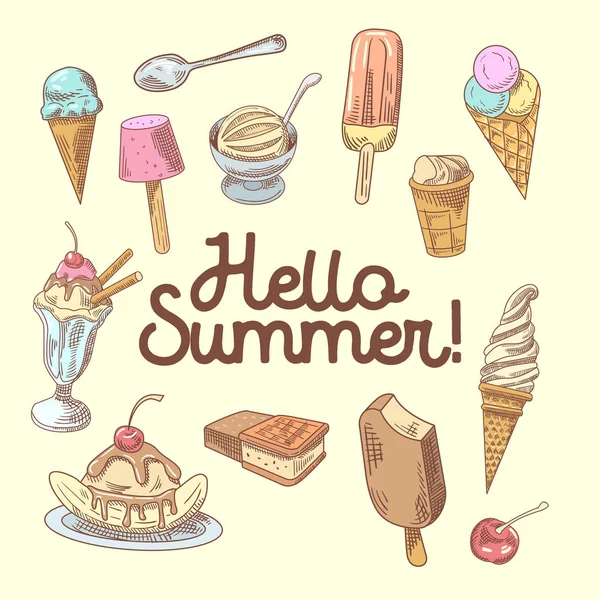 Ice Cream kézzel rajzolt Design gyümölcsök és csokoládé, kúpok és gofri. Helló nyár. Vektoros illusztráció — Stock Vector