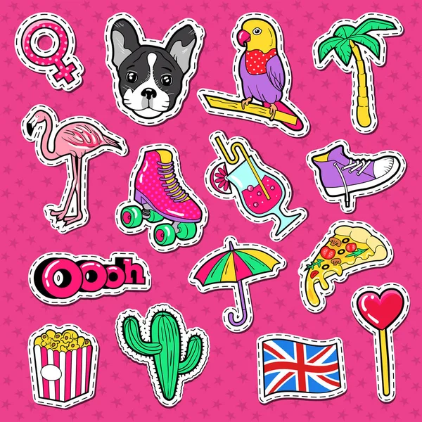 Vacances à la plage Doodle. Stickers Mode de vie Jeune Femme, Badges et Patchs avec Oiseau Flamant et Cocktail. Illustration vectorielle — Image vectorielle