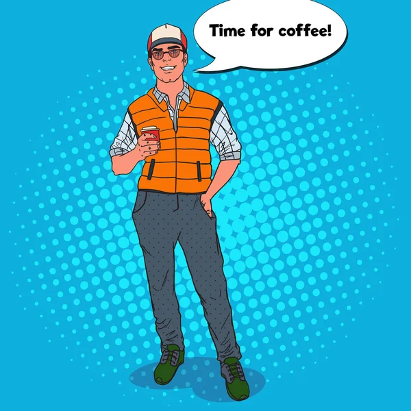 Pop Art glücklicher cooler Mann mit Tasse Kaffee. Vektorillustration — Stockvektor