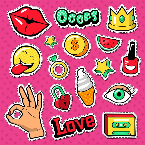 Fashion-Doodle moderne vrouw met lippen, kroon en diamanten. Tiener stijl Stickers, Badges en Patches. Vectorillustratie — Stockvector