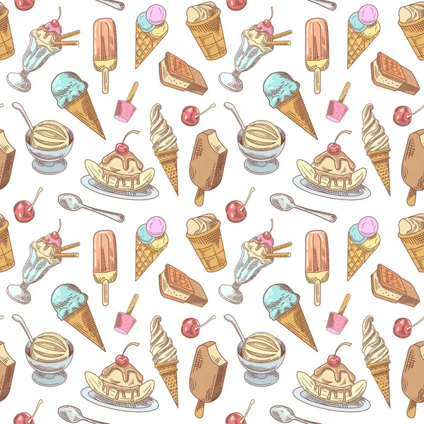Patrón sin costura dibujado a mano del helado con postres fríos, frutas y chocolate, conos y gofres. Ilustración vectorial — Vector de stock