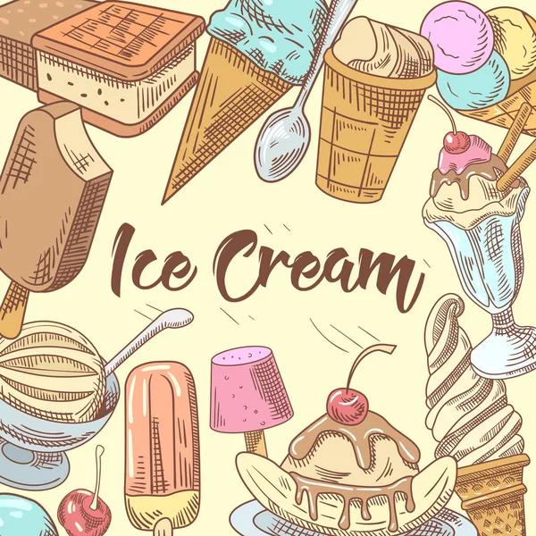 Meyve ve çikolata ile dondurma el çizilmiş Doodle. Dondurma ve waffle. Vektör çizim