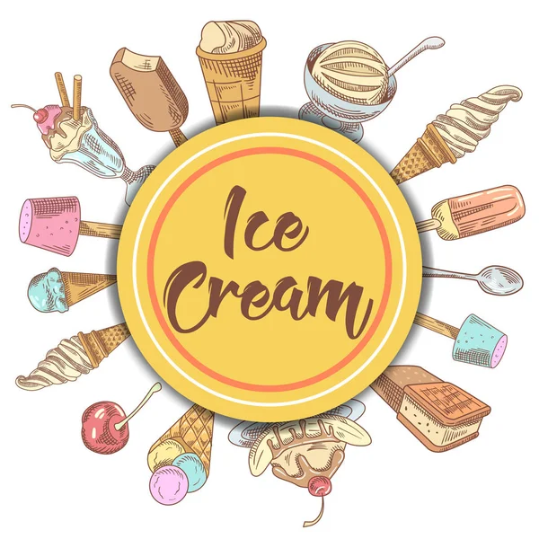 Dondurma ve meyve ve çikolata tatlılar elle çizilmiş arka plan. Dondurma ve waffle. Vektör çizim