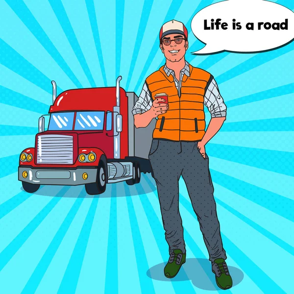 Pop-Art šťastný Trucker s šálkem kávy. Profesionální řidič. Vektorové ilustrace — Stockový vektor