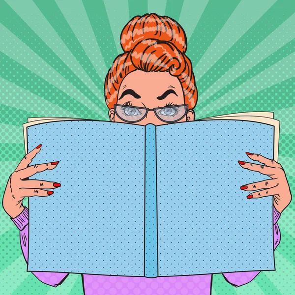 Pop Art Surprised Woman Holding Book (en inglés). Concepto Educativo. Ilustración vectorial — Vector de stock