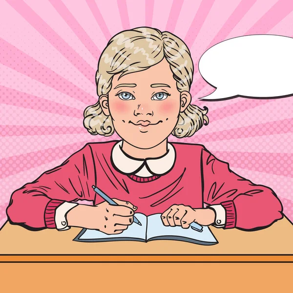 Pop Art Smiling Schoolgirl Doing Homework. Educational Concept. Vector illustration Stock Illustration