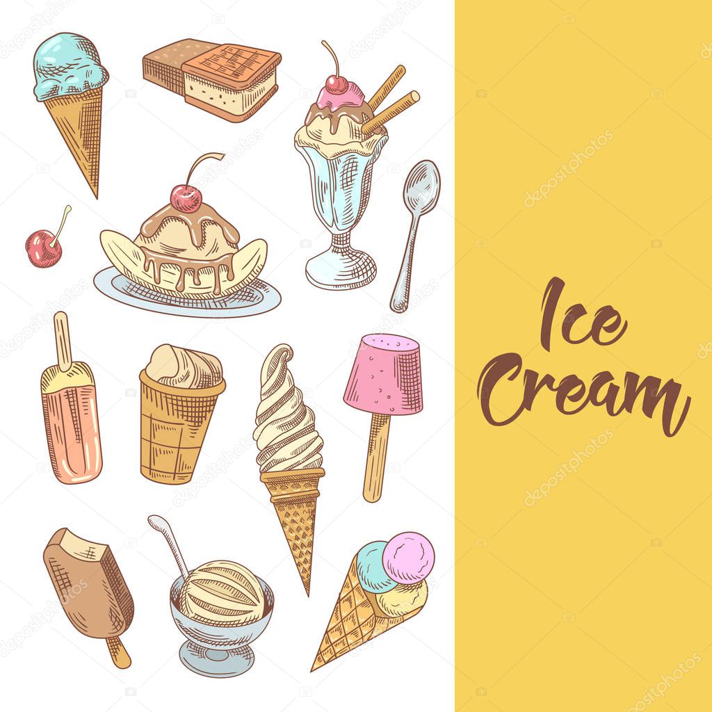 Ice Cream Hand Drawn Menu with Fruits and Chocolate. Cones and Waffles. Vector illustration
