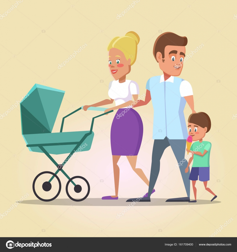 Happy Family On The Walk Mom Dad And Son With Newborn Baby In A Pram Vector Illustration Stock Vector Image By C Vectorlab