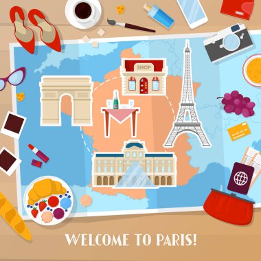 Seyahat Paris Fransa. Turizm ve tatil arka plan harita, Mimarlık ve simgeler seyahat ile. Vektör çizim