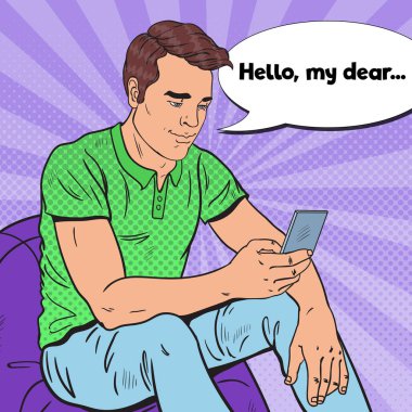 Pop Art yakışıklı adam okuma kısa mesaj smartphone cep telefonu ile mı? Mobil teknolojiler. Vektör çizim