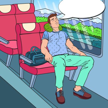 Trende Yataklı vagon ve müzik dinleme Pop Art yorgun genç adam. Turizm, yaz seyahat. Vektör çizim