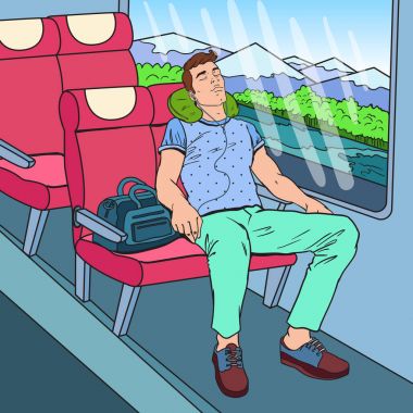 Pop Art trende Uyuyan ve müzik dinlemek adam yorgun. Turizm, yaz seyahat. Vektör çizim