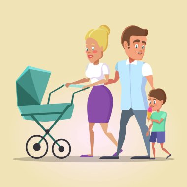Mutlu aile yürüyüş. Anne, baba ve oğul yeni doğan bebek çocuk arabası ile. Vektör çizim