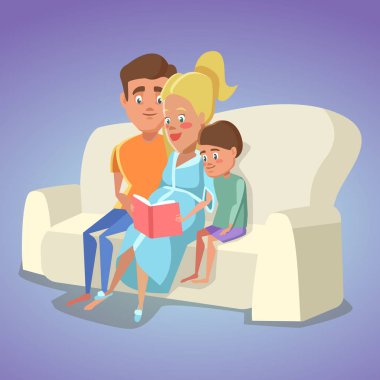 Hamile anne ve baba oğul Divan için evde bir kitap okuma. Mutlu bir aile. Vektör çizim