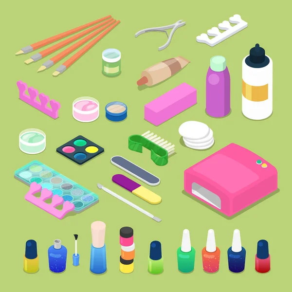 Manicure e pedicure Strumenti isometrici. Cosmetici e accessori. Illustrazione 3d piatta vettoriale — Vettoriale Stock
