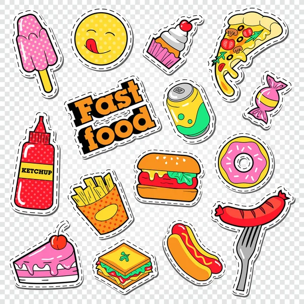 Pegatinas de comida rápida, insignias y parches con hamburguesas, papas fritas y pasteles. Comer insalubre. Ilustración vectorial — Vector de stock