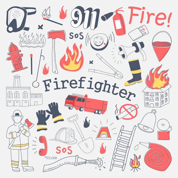 Pompiere Freehand Doodle. Pompiere con estintore e attrezzature Set di elementi disegnati a mano. Illustrazione vettoriale — Vettoriale Stock