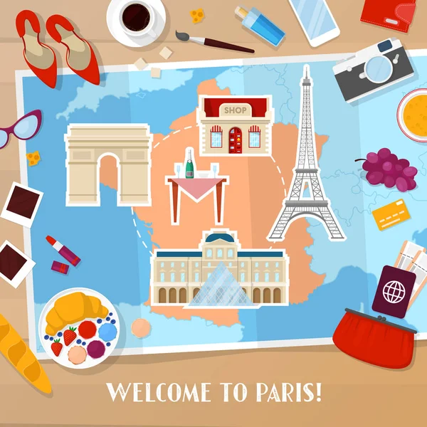Viaggio a Parigi, Francia. Turismo e vacanze sfondo con mappa, architettura e icone in viaggio. Illustrazione vettoriale — Vettoriale Stock