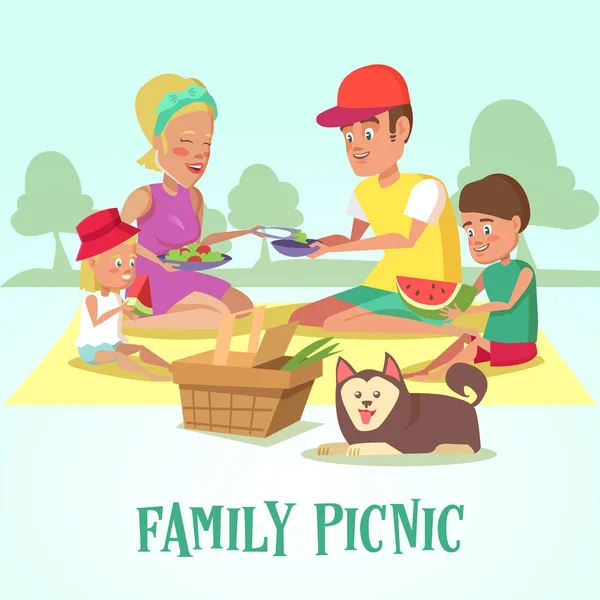 Happy Family su un picnic nel parco. Madre, Padre, Figlio, Figlia e Cane riposano nella Natura. Illustrazione vettoriale — Vettoriale Stock