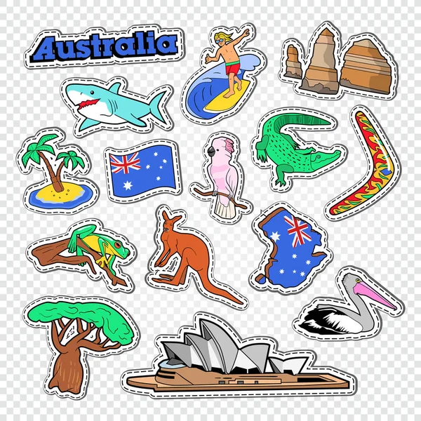 Viaje para a Austrália Doodle. Adesivos, emblemas e patches australianos com mapa, animais e arquitetura. Ilustração vetorial — Vetor de Stock
