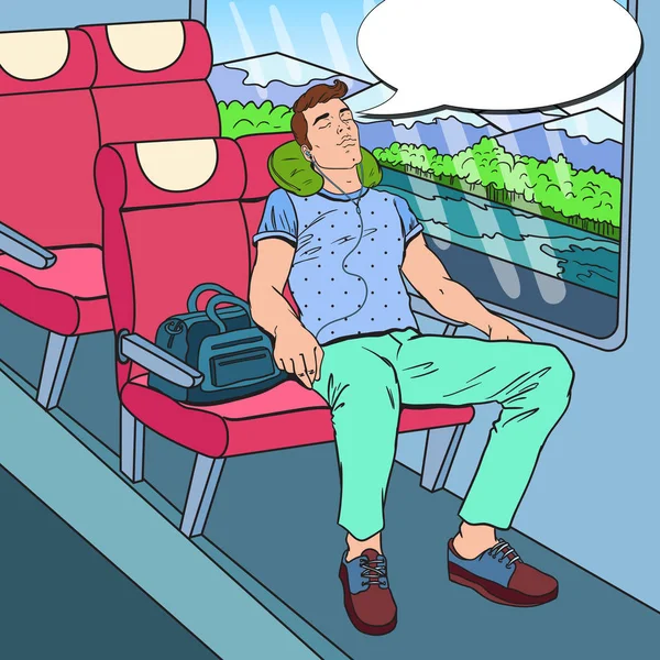 Pop-Art fáradt fiatal ember alszik a vonat, és zenét hallgatni. Turizmus, nyáron utazik. Vektoros illusztráció — Stock Vector