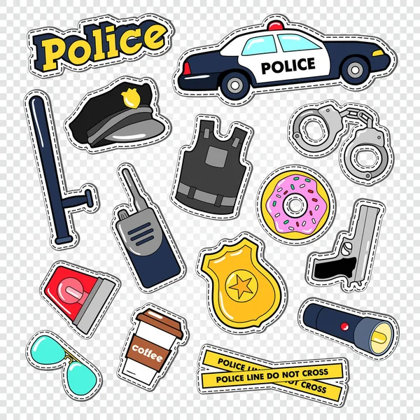 Pegatinas e insignias de policía con coche de policía, pistola y esposas. Ilustración vectorial — Vector de stock