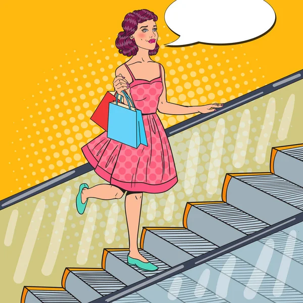 Pop Art młoda kobieta z torby na zakupy na ruchomych schodach. Konsumpcjonizm sprzedaż. Ilustracja wektorowa — Wektor stockowy
