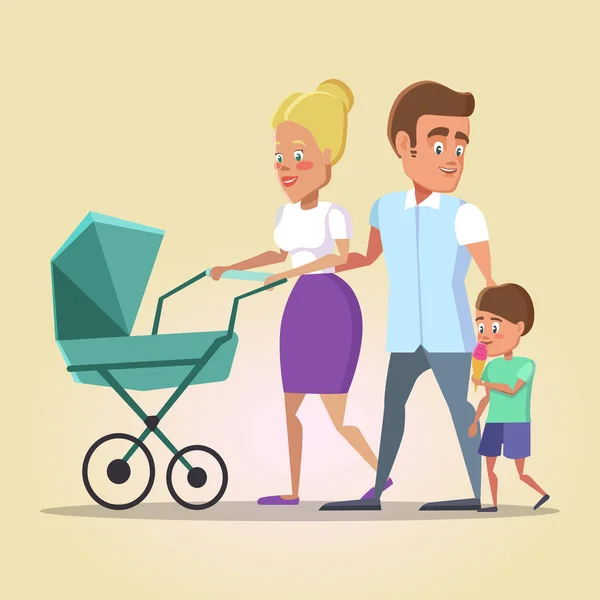 Familia feliz en la caminata. Mamá, papá e hijo con bebé recién nacido en un carné. Ilustración vectorial — Vector de stock