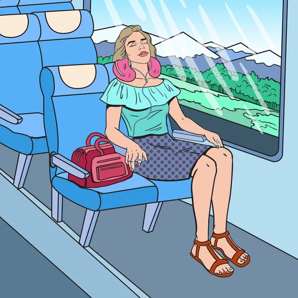 Поп-арт Молодая женщина спит в поезде с наушниками. Время путешествовать. Векторная иллюстрация — стоковый вектор