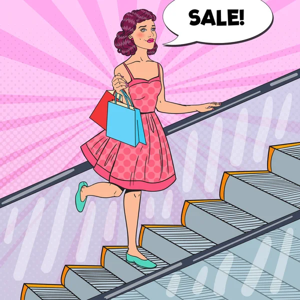 Pop Art Mujer joven con bolsas de compras en el centro comercial. Venta Consumismo. Ilustración vectorial — Archivo Imágenes Vectoriales